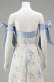 Light Blue A Line Floral Appliqued Off the Shoulder Long Wedding Guest Dress