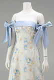 Light Blue A Line Floral Appliqued Off the Shoulder Long Wedding Guest Dress