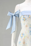 Light Blue A Line Floral Appliqued Off the Shoulder Long Wedding Guest Dress