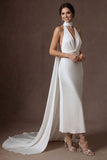 White Sheath Halter Neck Sleeveless Midi Bridal Dress with Cape