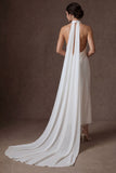 White Sheath Halter Neck Sleeveless Midi Bridal Dress with Cape