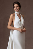 White Sheath Halter Neck Sleeveless Midi Bridal Dress with Cape