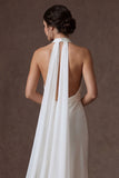 White Sheath Halter Neck Sleeveless Midi Bridal Dress with Cape