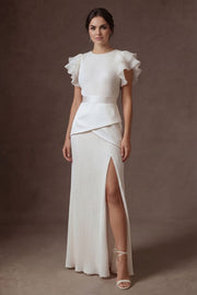 Ruffled White Pleated Sheath Round Neck Long Wedding Dress with Slit