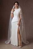 Ruffled White Pleated Sheath Round Neck Long Wedding Dress with Slit