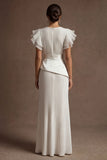 Ruffled White Pleated Sheath Round Neck Long Wedding Dress with Slit