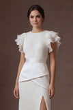 Ruffled White Pleated Sheath Round Neck Long Wedding Dress with Slit