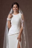 Ruffled White Pleated Sheath Round Neck Long Wedding Dress with Slit