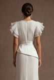 Ruffled White Pleated Sheath Round Neck Long Wedding Dress with Slit