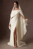 Satin White Mermaid Off the Shoulder Long Wedding Dress with Slit