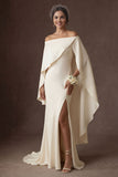 Satin White Mermaid Off the Shoulder Long Wedding Dress with Slit