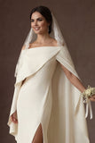 Satin White Mermaid Off the Shoulder Long Wedding Dress with Slit