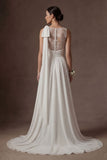White Ruched A Line Appliqued Sleeveless Long Wedding Dress