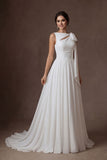 White Ruched A Line Appliqued Sleeveless Long Wedding Dress