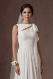 White Ruched A Line Appliqued Sleeveless Long Wedding Dress