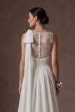 White Ruched A Line Appliqued Sleeveless Long Wedding Dress