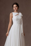 White Ruched A Line Appliqued Sleeveless Long Wedding Dress