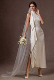 White Sheath Halter Neck Ruffled Satin Midi Bridal Dress with Slit