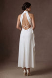 White Sheath Halter Neck Ruffled Satin Midi Bridal Dress with Slit