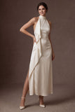 White Sheath Halter Neck Ruffled Satin Midi Bridal Dress with Slit