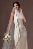 White Sheath Halter Neck Ruffled Satin Midi Bridal Dress with Slit