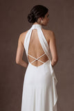 White Sheath Halter Neck Ruffled Satin Midi Bridal Dress with Slit