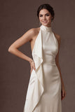 White Sheath Halter Neck Ruffled Satin Midi Bridal Dress with Slit