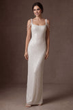 White Sheath Thick Straps Backless Sleeveless Long Wedding Dress
