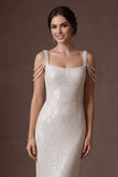 White Sheath Thick Straps Backless Sleeveless Long Wedding Dress