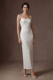 White Sheath Cold Shoulder Backless Sleeveless Midi Wedding Dress