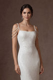 White Sheath Cold Shoulder Backless Sleeveless Midi Wedding Dress