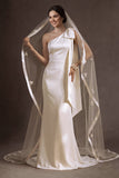 White Satin Mermaid One Shoulder Long Wedding Dress with Bow
