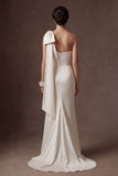 White Satin Mermaid One Shoulder Long Wedding Dress with Bow
