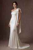 White Satin Mermaid One Shoulder Long Wedding Dress with Bow