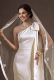 White Satin Mermaid One Shoulder Long Wedding Dress with Bow