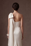 White Satin Mermaid One Shoulder Long Wedding Dress with Bow