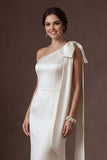 White Satin Mermaid One Shoulder Long Wedding Dress with Bow