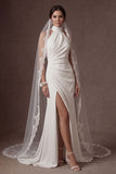 White Halter Neck Ruched Mermaid Long Wedding Dress with Slit