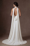 White Halter Neck Ruched Mermaid Long Wedding Dress with Slit