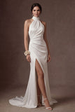White Halter Neck Ruched Mermaid Long Wedding Dress with Slit