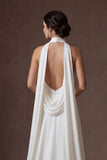 White Halter Neck Ruched Mermaid Long Wedding Dress with Slit