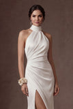 White Halter Neck Ruched Mermaid Long Wedding Dress with Slit