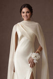 White Thick Straps Sheath Satin Long Wedding Dress with Slit