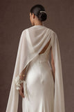 White Thick Straps Sheath Satin Long Wedding Dress with Slit