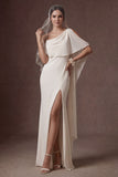White Spaghetti Straps Sleeveless Backless Long Wedding Dress with Slit