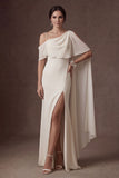 White Spaghetti Straps Sleeveless Backless Long Wedding Dress with Slit