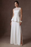 A Line Ruffled White Illusion Neck Long Bridal Dress with Slit