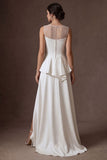 A Line Ruffled White Illusion Neck Long Bridal Dress with Slit