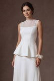 A Line Ruffled White Illusion Neck Long Bridal Dress with Slit