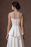 A Line Ruffled White Illusion Neck Long Bridal Dress with Slit